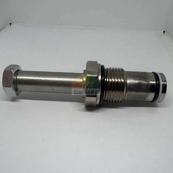 Metal industrial part with a hex nut, smooth shaft, threaded middle section with o-ring, and a fine mesh filter at the end.