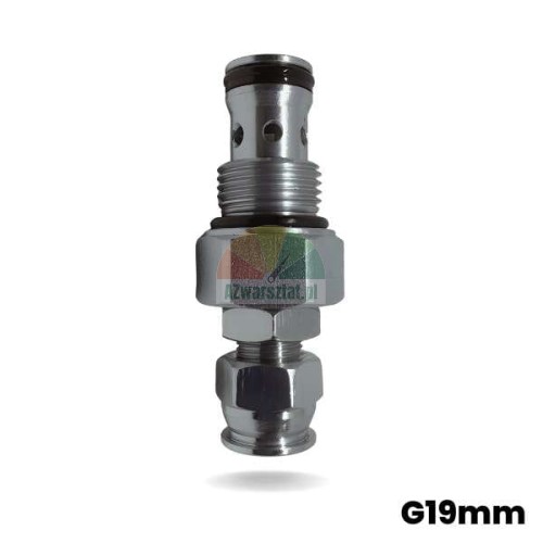Pressure relief/overflow valve G19mm, silver metallic hydraulic valve.