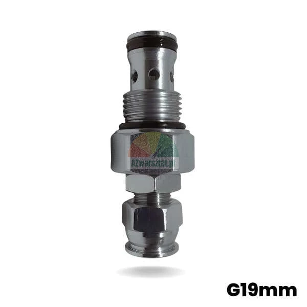 Pressure relief/overflow valve G19mm, silver metallic hydraulic valve.