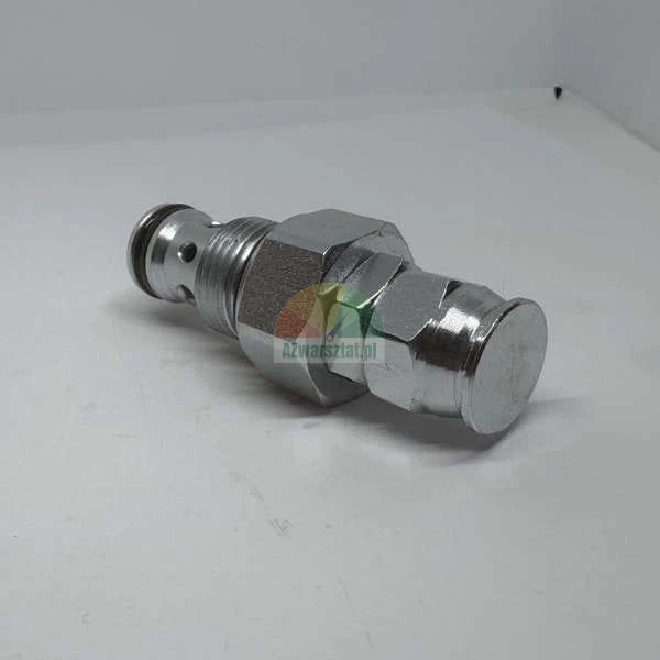 Hydraulic cartridge valve with O-ring and hexagonal nut on a white surface.