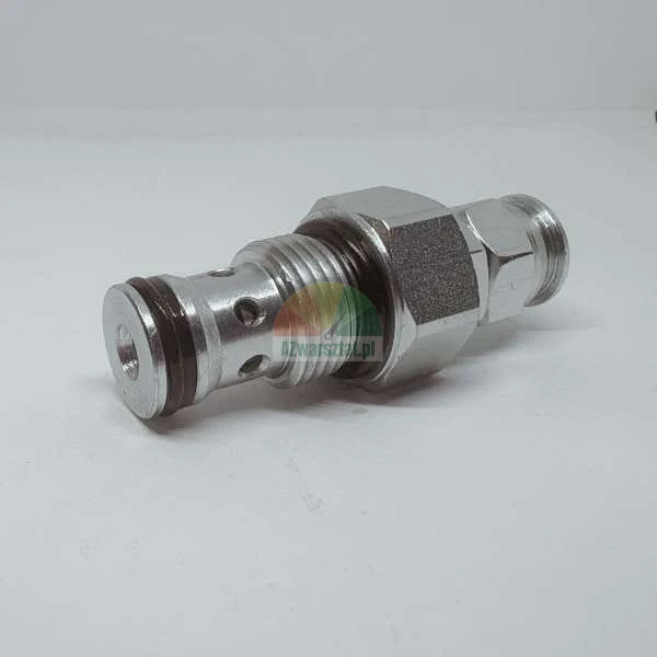 Metal hydraulic cartridge valve with o-ring seals on a light background.