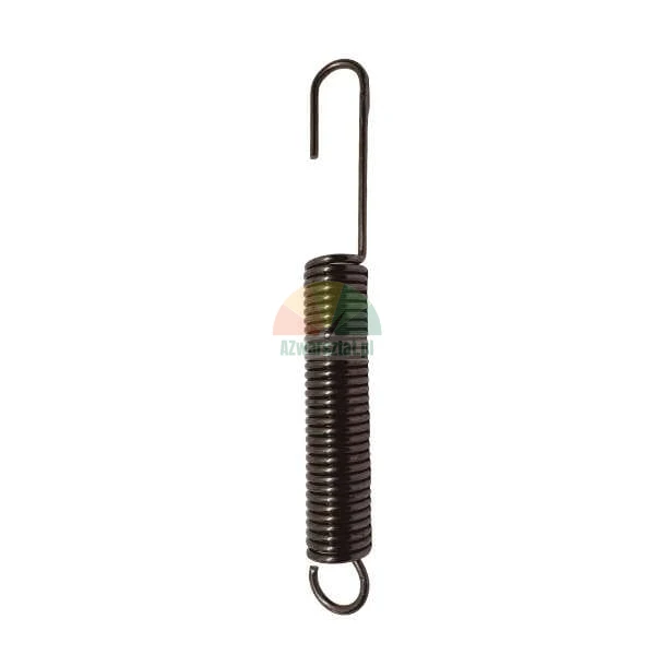 Metal tension spring with a long hook and a short hook on white background.