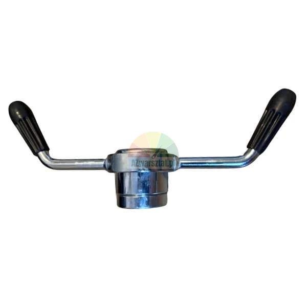 Double arm metal clamping handle with black plastic grips.