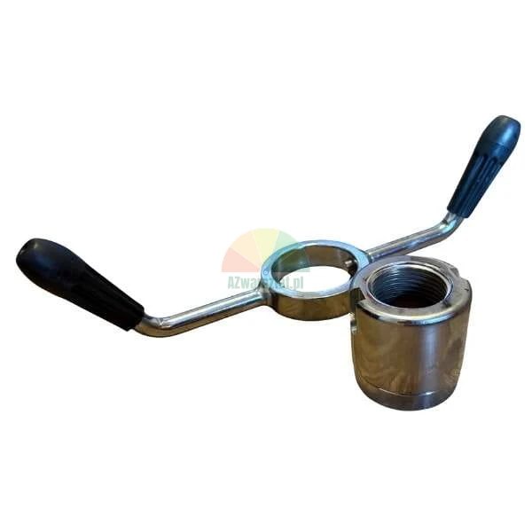 Metal two-arm handle with black grips and a threaded sleeve.