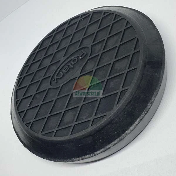 Round rubber arm pad for vehicle lifts featuring a diamond-textured surface and Rotary logo.