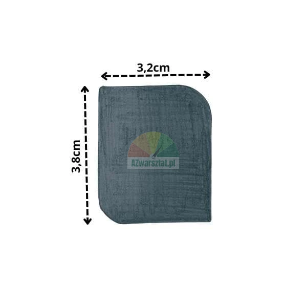 Gray element measuring 3.8 cm by 3.2 cm with rounded corners.