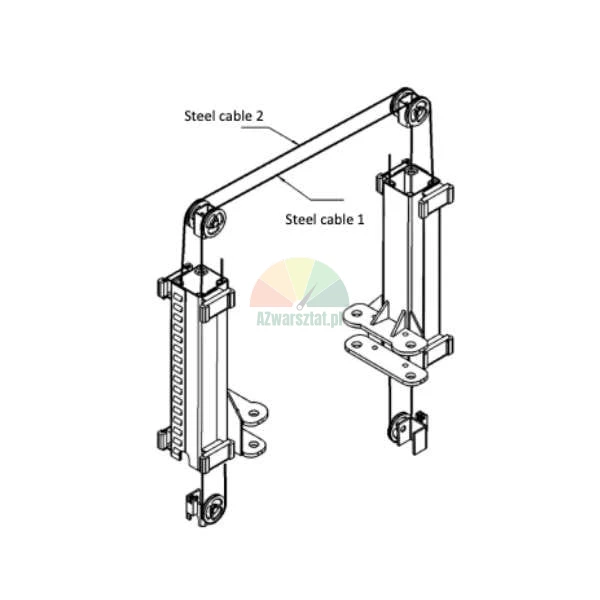 Technical diagram of a pulley system for a two-post lift with steel cable 1 and steel cable 2.