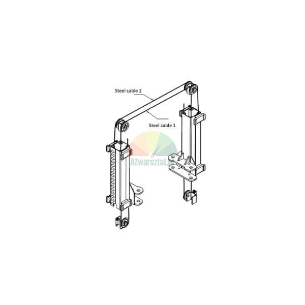 Technical schematic of a lifting mechanism steel cable system showing steel cable 1 and steel cable 2.