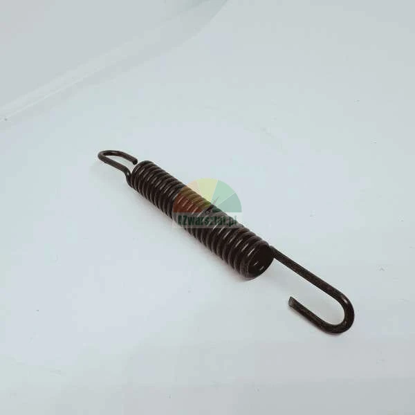 Metal tension spring with hooks on both ends on a light background.