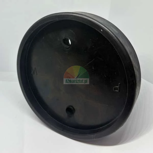 Black circular plastic base or cap with two holes and letter markings W and P.