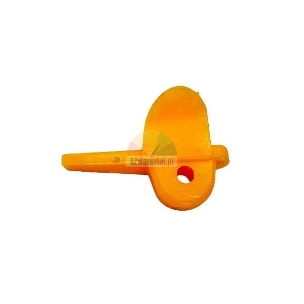 Orange plastic part with a mounting hole and a lever.
