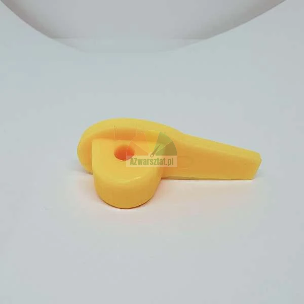 Yellow plastic lever or toggle switch with a mounting hole on a light background.