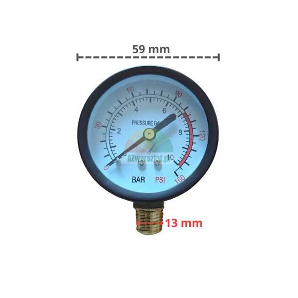 Pressure gauge 13mm thread, 10bar 150PSI scale, 59mm diameter