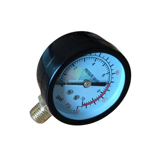 Analog pressure gauge in a black casing with a side connection, displaying bar and psi units.