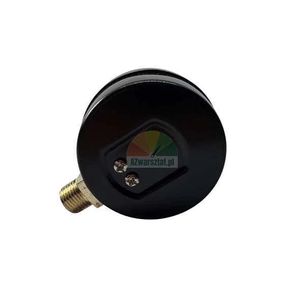 Rear view of a black pressure gauge with a brass threaded connection and two screws.