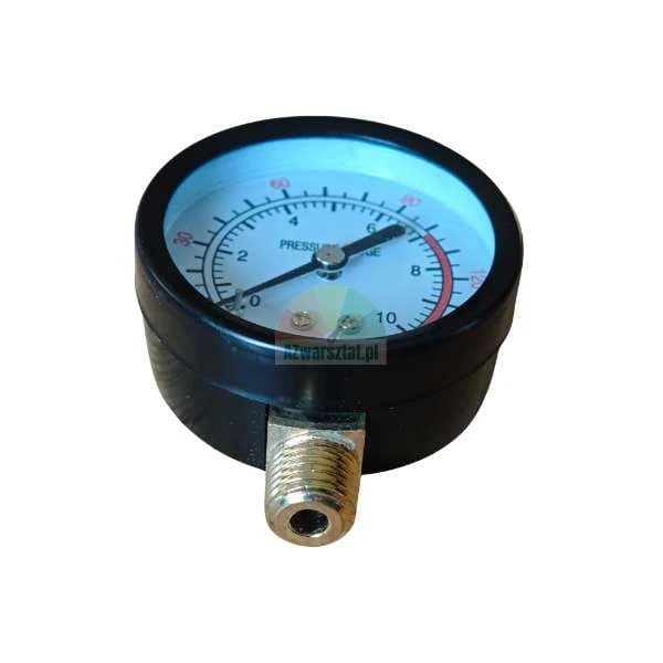 Circular pressure gauge with a black casing and bottom connection.