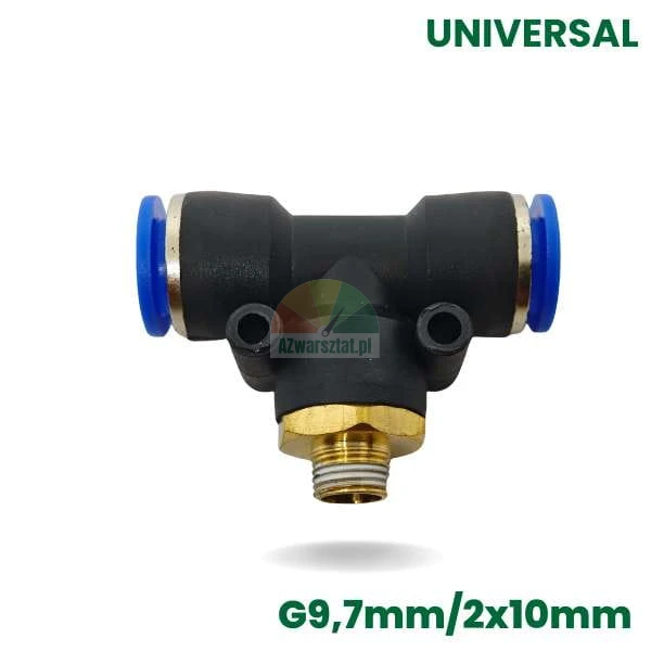 Pneumatic T-fitting with G9.7mm thread and two 10mm push-to-connect ports
