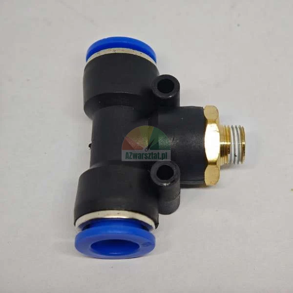 Pneumatic male branch tee push-in fitting, black body with blue release rings and brass thread