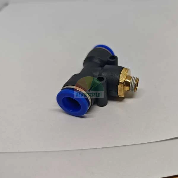 Pneumatic T-shape push-in connector with brass male thread and blue release rings
