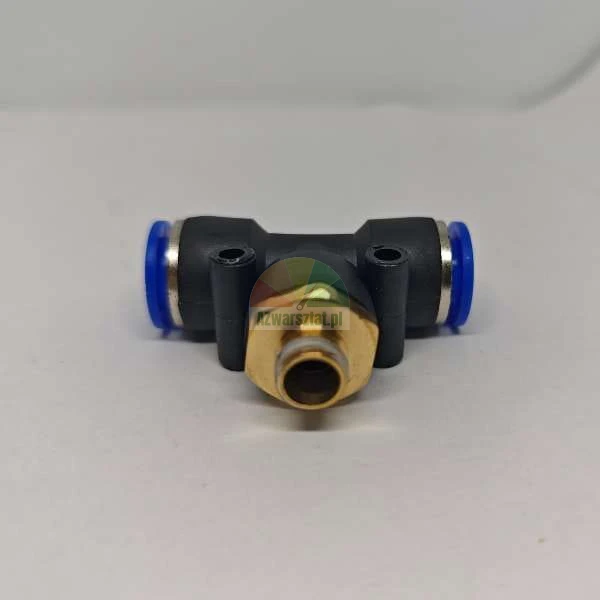 Pneumatic tee union push-in fitting with a central brass male thread and blue release rings.