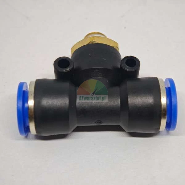 Pneumatic push-in T-fitting with brass thread and blue release rings.