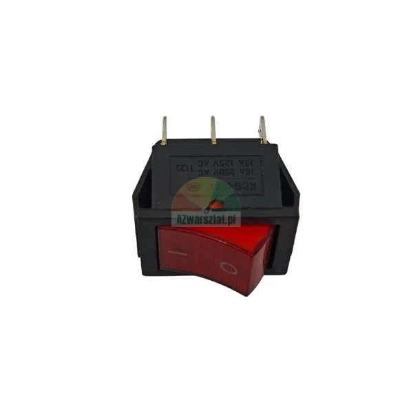 Red illuminated rocker switch with 3 pins, 16A 250V AC rating.