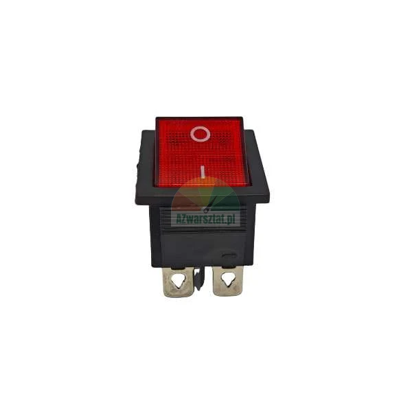 Red illuminated rocker switch with 0-I markings in a black housing.