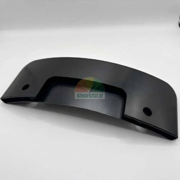 Black curved plastic component with two mounting holes on a white background.