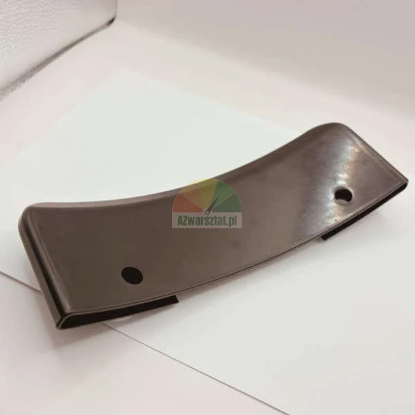 Black curved plastic part with two holes on a white background