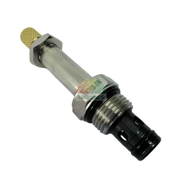 Hydraulic cartridge valve model DASV08-22M with a brass adjustment knob and O-rings on a white background