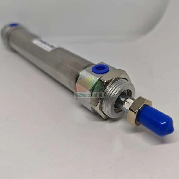 Stainless steel roundline pneumatic cylinder with blue protective caps on the ports and piston rod.