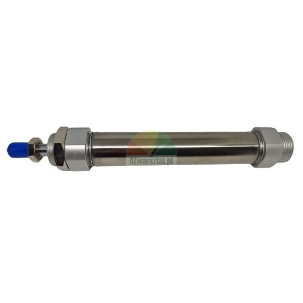 Metal pneumatic cylinder with a circular cross-section and a blue protective cap on the threaded end.