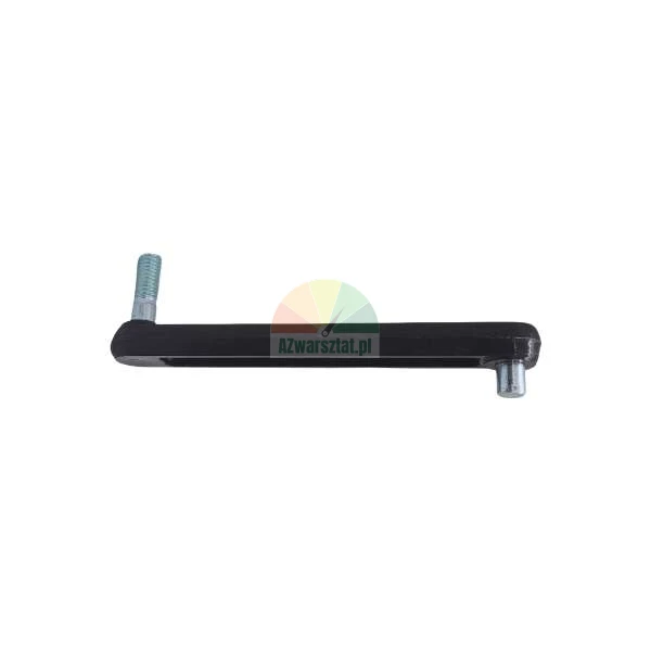 Black mechanical linkage arm with a threaded stud and a pin on a white background.