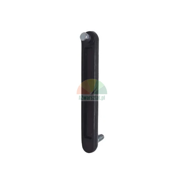Long black metal handle with mounting pin and bolt, isolated on white background.