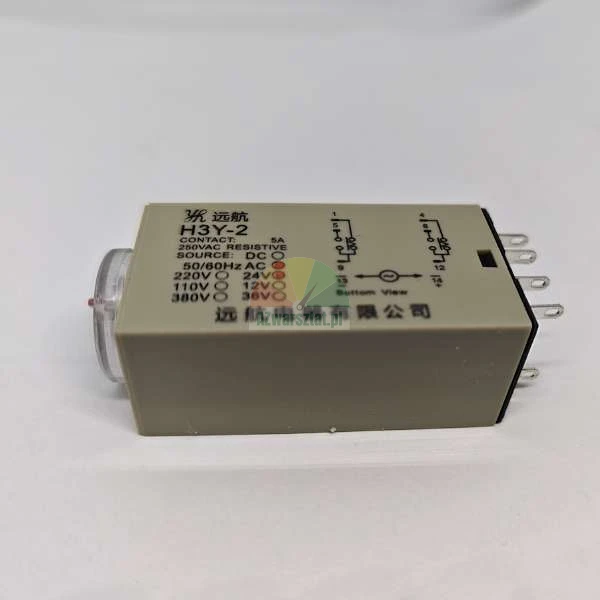 H3Y-2 time delay relay with 5A 250VAC resistive contact and 24V DC source, featuring a side wiring diagram and metal pins.