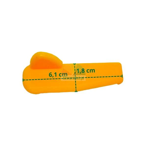 Orange tile leveling wedge with dimensions 6.1 cm length and 1.8 cm height.