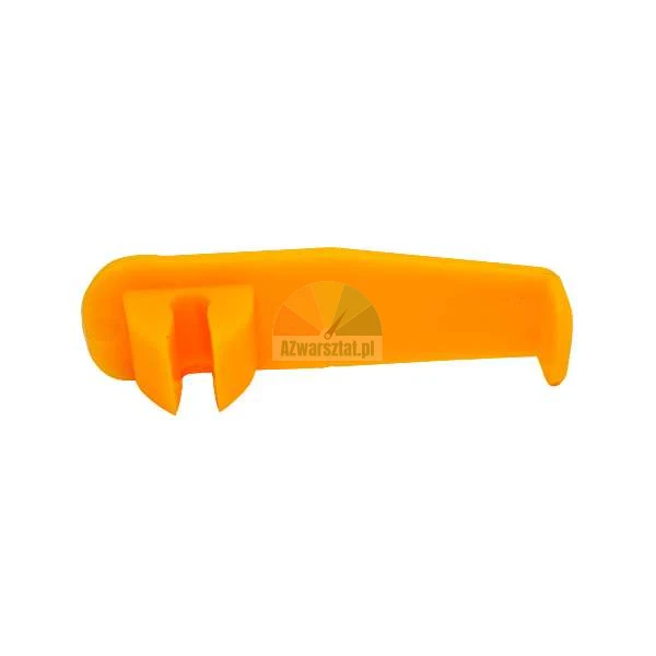 Orange plastic prying tool for car upholstery clips and trim removal on white background.
