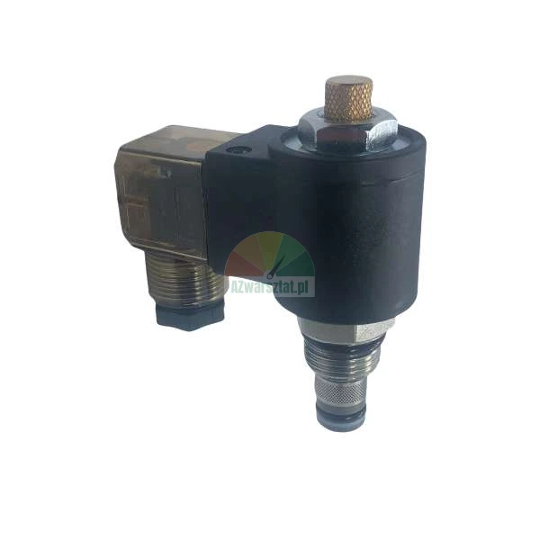 Solenoid valve with coil and electrical connector on white background.