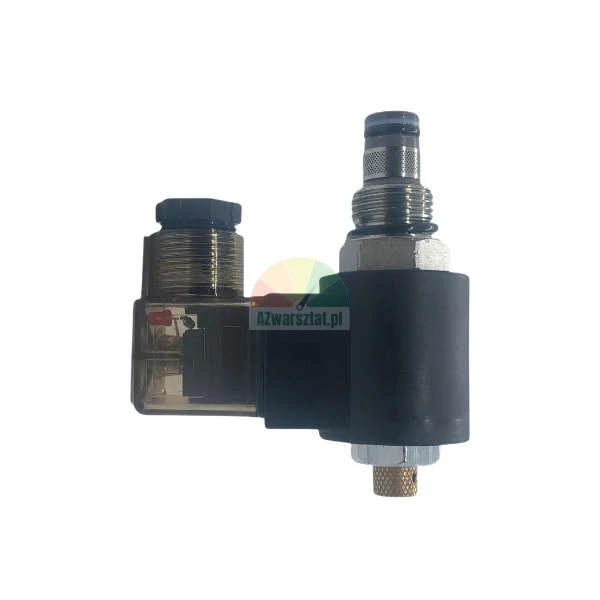 Hydraulic solenoid valve with black coil and transparent electrical connector.