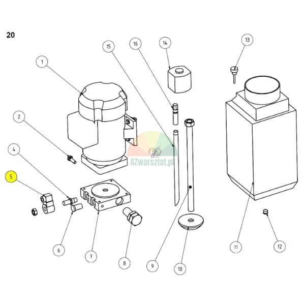Technical diagram of a hydraulic pump assembly with part number 5 highlighted in yellow.