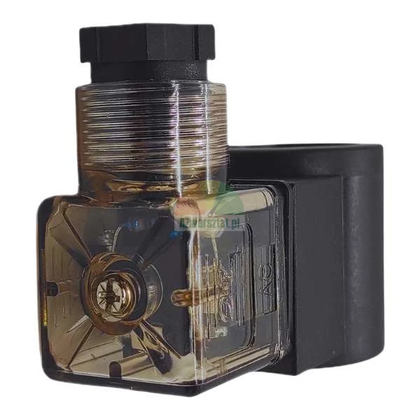 Transparent solenoid valve connector with LED indicator and black coil.