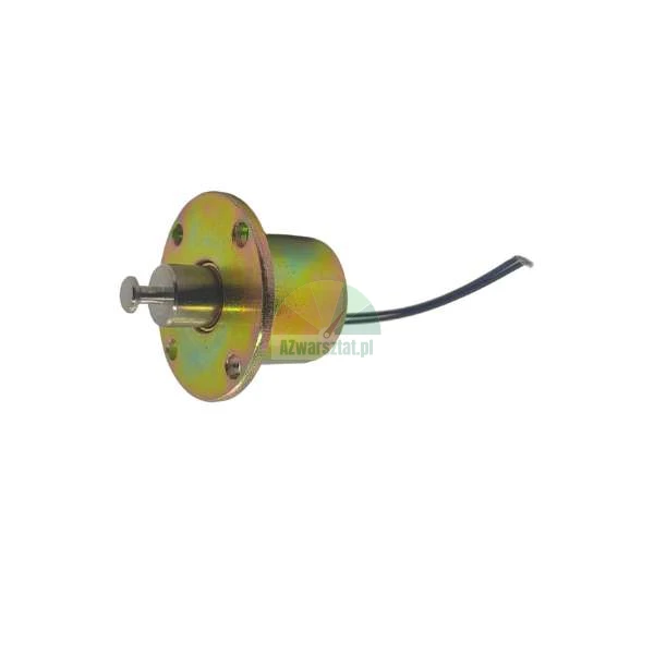 Metal solenoid actuator with mounting flange and wire on white background.