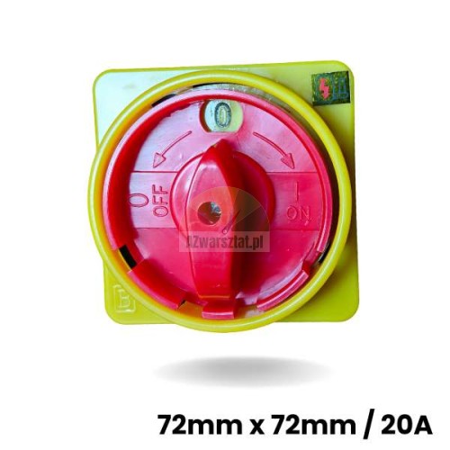 Main switch red and yellow 7.2cm x 7.2cm 20A with rotary handle in OFF position