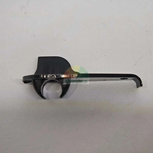 Black plastic handle or mechanism part, side view on a grey background.