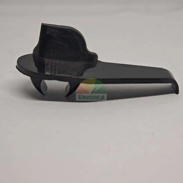 Black plastic mounting clip on a light background, side view.
