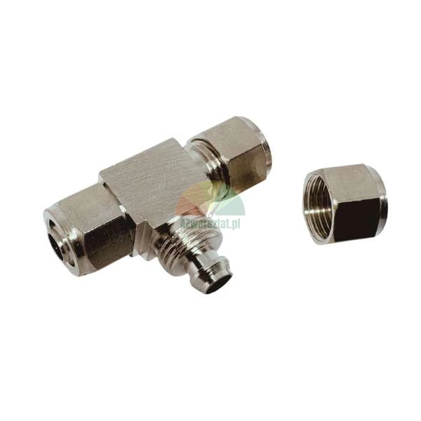 Metal T-fitting with compression connectors and an additional nut on a white background.