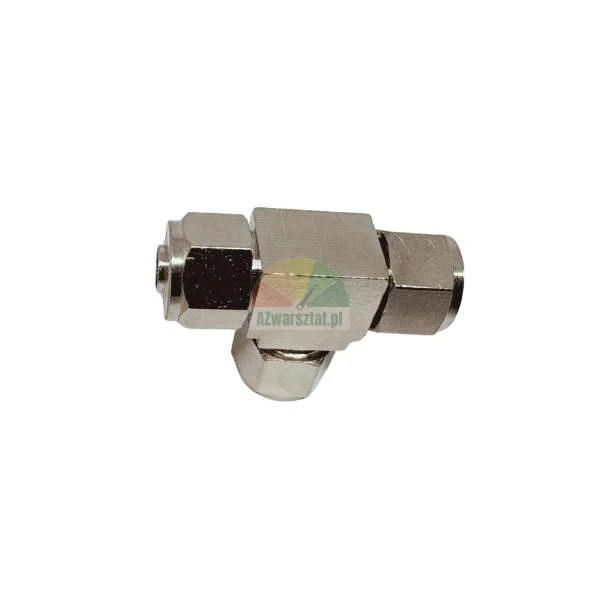 Metal T-shaped compression fitting for tubing on a white background.