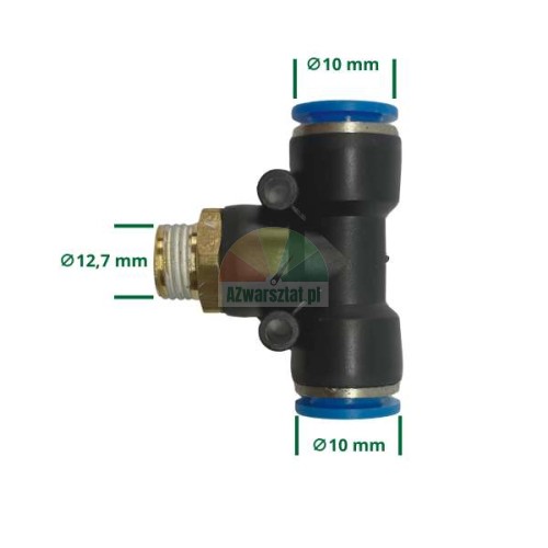 Pneumatic T-connector, 12.7mm thread, 10mm ports