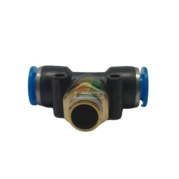 Pneumatic push-in T-fitting with male thread, black body with blue release rings.