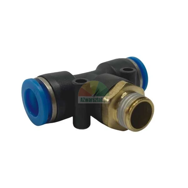 Pneumatic male branch tee push-in fitting with brass thread and blue release rings.